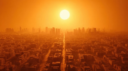 A stunning sunset casts a warm golden glow over an urban landscape, highlighting the skyscrapers and quiet streets during a serene evening in the city.の素材