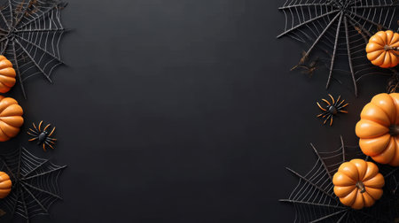 Explore a festive Halloween scene featuring orange pumpkins, black spider webs, and spiders on a dark background, perfect for autumn-themed decorations and gatherings.の素材