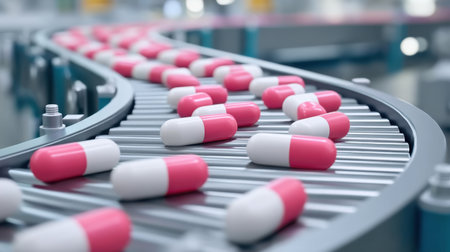 Capsules move on a conveyor belt in a pharmaceutical plant, illustrating modern manufacturing processes and the importance of efficiency and automation in healthcare.の素材