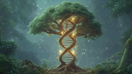 A majestic tree stands in a mystical forest, featuring a glowing spiral staircase wrapped around its trunk, symbolizing life and growth in an enchanting atmosphere.の素材