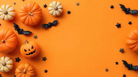 This vibrant Halloween image features colorful pumpkins, playful bats, and decorative stars set against a vivid orange backdrop, perfect for seasonal festivities.の素材