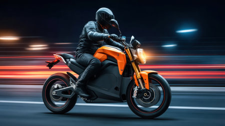 A striking image of a rider on an electric motorcycle navigating through a cityscape at night, capturing the thrill of speed and modern technology in a vibrant urban setting.の素材