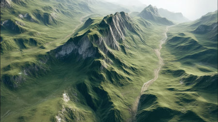 Discover a captivating mountain landscape featuring lush green hills, rocky peaks, and serene valleys. This scenic view invites adventure and exploration in nature's beauty.の素材