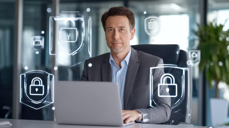 Professional businessman sits at desk with laptop in modern office, focused on cybersecurity. Security icons surround him, illustrating the importance of data safety and protection.の素材