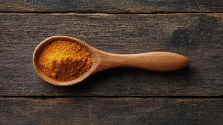 Close-up of organic turmeric spice in a wooden spoon against a rustic wooden background, showcasing vibrant yellow color and highlighting its culinary and health benefits.の素材