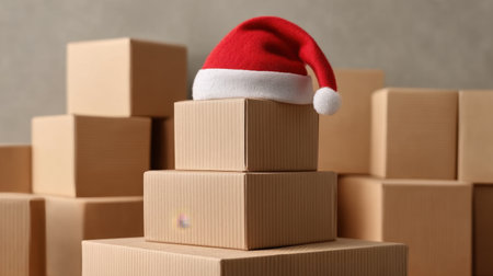 Stacked cardboard boxes topped with a red Santa hat create a cheerful festive mood, perfect for holiday themes, gift exchanges, and seasonal decorations.の素材