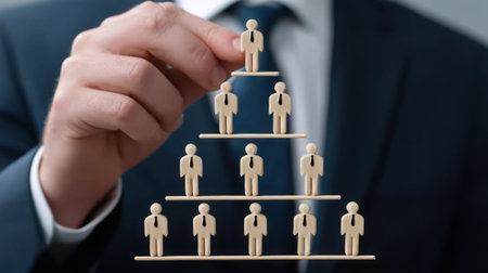 A businessman is assembling a hierarchy with wooden figurines, representing teamwork and organizational growth. This visualization emphasizes leadership and strategy.の素材