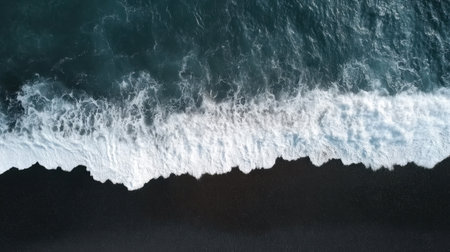 Stunning aerial image of turquoise ocean waves crashing against a dark sandy beach, showcasing the dynamic textures and patterns found in nature's coastal environment.の素材