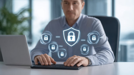 A focused businessman operates a laptop in a modern office, surrounded by virtual icons representing cybersecurity and data protection, highlighting the importance of security measures.の素材