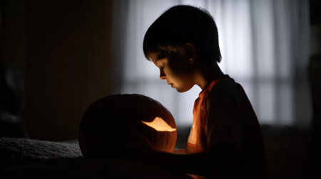 A young boy gazes intently at a carved pumpkin, illuminated from within. This serene scene captures the magic of autumn evenings and festive traditions.の素材