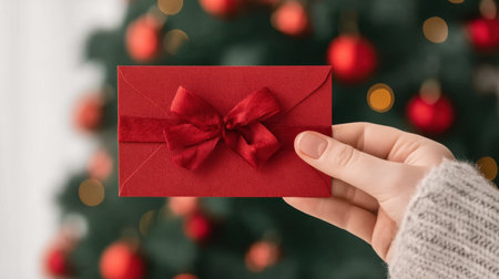A beautifully crafted red envelope with a soft ribbon is held in a hand, set against a Christmas tree adorned with red ornaments and glowing lights, evoking holiday spirit.の素材