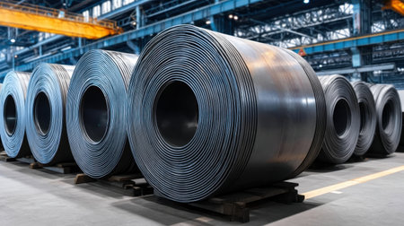 A collection of steel coils neatly arranged in an industrial warehouse, highlighting advanced manufacturing solutions and metal production processes in an operational environment.の素材