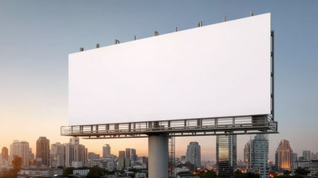 This image captures an empty billboard against a stunning city skyline during sunset, emphasizing the advertisement potential for brands and creatives looking to make an impact.の素材