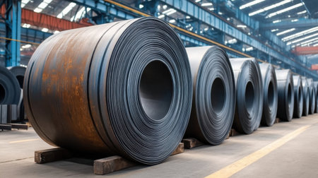 Large rolls of steel sheets are neatly arranged on wooden pallets inside an industrial warehouse, showcasing the organized environment of a manufacturing facility.の素材
