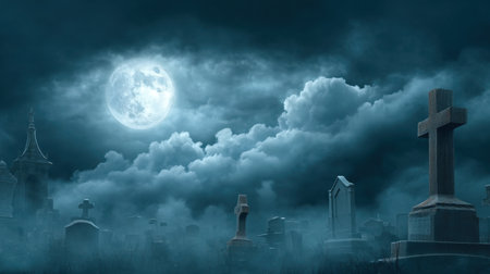 A haunting graveyard scene featuring weathered tombstones and crosses, shrouded in mist under a full moon, creating an atmospheric blend of mystery and tranquility.の素材