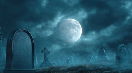 Chilling graveyard scene illuminated by a full moon, shrouded in fog and darkness. Perfect for Halloween themes, horror designs, or spooky atmospheres.の素材