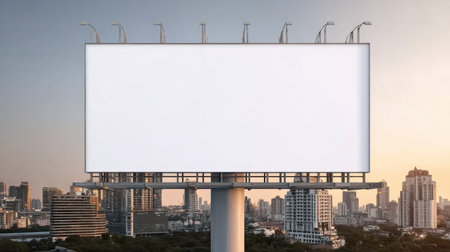 A blank billboard stands tall against a stunning urban skyline at sunset, creating an ideal backdrop for advertising or creative marketing projects.の素材