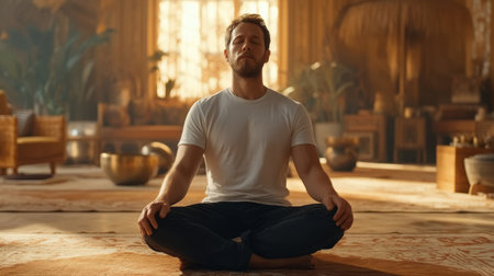 A serene adult man engages in meditation, creating a peaceful ambiance with warm light and natural decor. This image promotes mindfulness and personal well-being.の素材