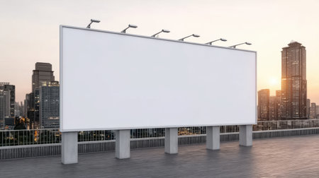 A blank billboard stands on a rooftop, providing an ideal canvas for advertising opportunities. The captivating city skyline and sunset backdrop enhance its appeal.の素材