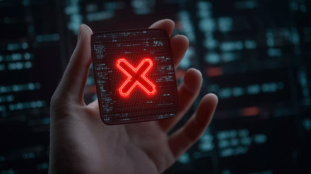A hand displays a glowing red error symbol against a dark circuit board backdrop, illustrating the challenges and pitfalls faced in today's digital landscape.の素材