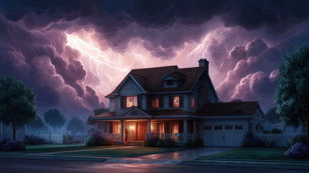 A stunning view of a house illuminated by warm light against a backdrop of dramatic stormy skies, showcasing nature's fierce beauty and serene suburban charm.の素材