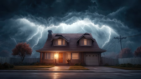 A charming house stands resilient against a backdrop of dark storm clouds and fierce lightning, casting a warm glow that enhances the mood of safety amid chaos.の素材