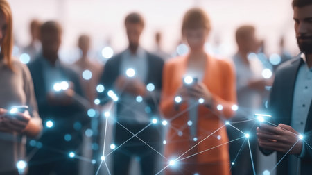 A diverse group of people engage with their smartphones, showcasing digital connections represented by glowing nodes in a modern networking event scene.の素材