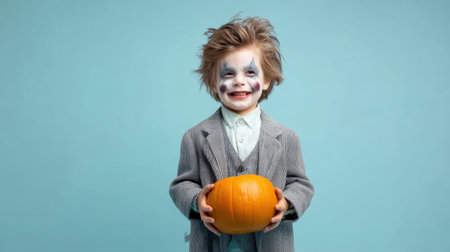 A cheerful boy dressed in a clown costume holds a bright pumpkin, smiling against a light blue background. Perfect for Halloween and festive themes.の素材
