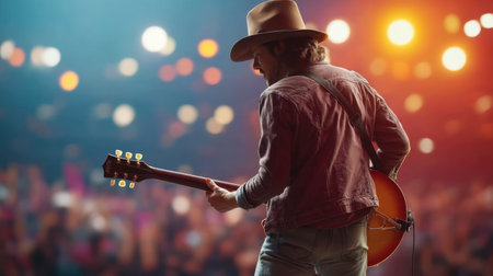 A dynamic scene of a musician playing acoustic guitar on stage, with vibrant lights and a cheering audience, capturing the energy of live music performances.の素材