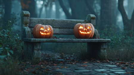 This enchanting Halloween scene features two illuminated jack-o'-lanterns on a rustic wooden bench, surrounded by autumn foliage and a foggy forest.の素材