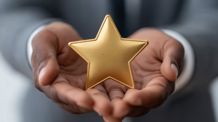 A close-up view of a golden star award held in two hands of a professional in business attire, symbolizing achievement and recognition in a contemporary environment.の素材