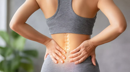 A woman in gray sportswear stretches her back while experiencing lower back pain, highlighting the importance of spine health and wellness in everyday activities.の素材