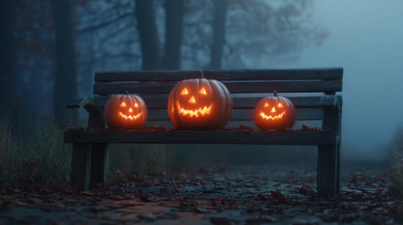 A serene Halloween night scene featuring three glowing jack-o'-lanterns on a weathered wooden bench in a misty autumn forest. The ambiance evokes festive nostalgia.の素材