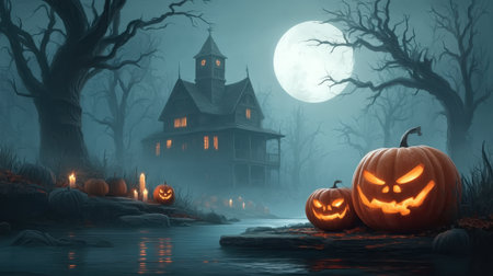 Dive into a haunting Halloween night scene featuring a mysterious haunted house, glowing carved pumpkins, and a full moon illuminating the eerie landscape.の素材