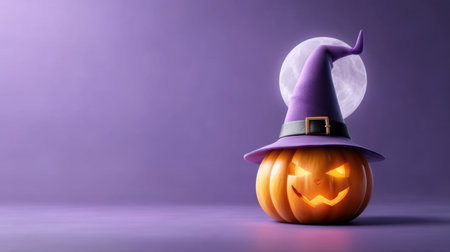 A striking Halloween pumpkin wearing a witch hat glows with a mischievous expression under a full moon against a dark purple backdrop, perfect for seasonal festivities.の素材