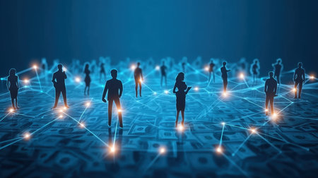 This image features silhouetted figures interconnected by glowing lines against a digital backdrop, symbolizing the fusion of technology and finance in today's economy.の素材