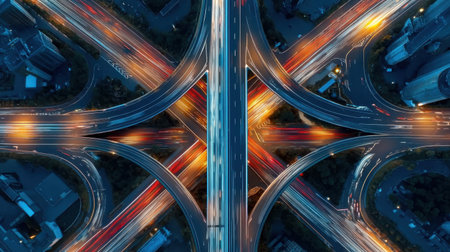 Stunning aerial view of a busy city highway interchange, capturing the dynamic movement of vehicles at night, with colorful light trails and an urban backdrop.の素材