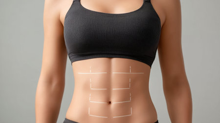 This image showcases a female torso with defined abdominal lines. Perfect for projects related to health, fitness, and motivation, emphasizing dedication and lifestyle.の素材