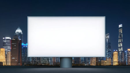 A blank advertising billboard stands against a vibrant city skyline at night, showcasing modern architecture and bright lights that enhance the urban atmosphere.の素材