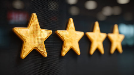 Four shiny gold stars line a display, symbolizing excellence and quality. This vibrant image captures modern aesthetics and conveys a sense of achievement and recognition.の素材