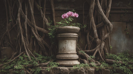 A captivating scene featuring a single blooming flower on an ancient stone pedestal, surrounded by lush greenery and intertwining roots, evoking serenity and tranquility.の素材