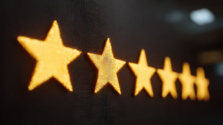 Captivating glowing stars on a dark background symbolize ratings and reviews. This modern visual representation highlights quality assessment in a digital environment.の素材