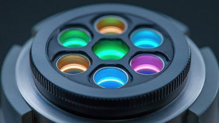 This close-up image features an intricate arrangement of colorful optical lenses, highlighting their reflective qualities and vibrant hues against a deep background.の素材