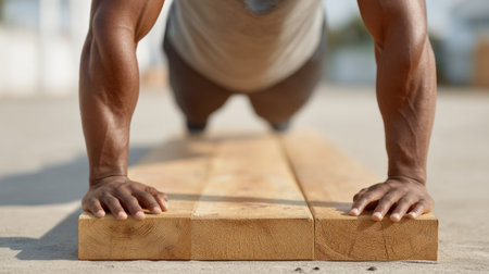 A dedicated athlete performs push-ups on a wooden plank outdoors, highlighting their strength and commitment to fitness in a dynamic and inspiring environment.の素材