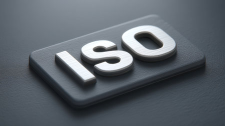The image illustrates the ISO logo in a sleek design, emphasizing the importance of international standards that enhance quality and efficiency across various sectors.の素材
