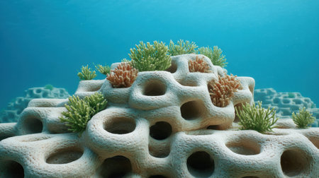 A stunning underwater scene showcasing a vibrant coral reef structure adorned with lush green sea plants. The image captures the beauty and diversity of marine life, inviting exploration.の素材