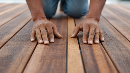 A focused man kneels on a beautifully crafted wooden floor, examining the texture and quality of the planks with his hands, showcasing a moment of craftsmanship.の素材