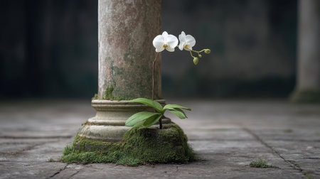 A stunning white orchid flower grows resiliently beside a weathered stone column, showcasing beauty and elegance in a serene, abandoned environment. Perfect for nature-themed projects.の素材