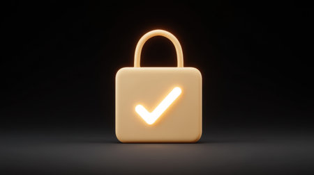 A glossy padlock icon features a check mark, symbolizing security and validation within digital contexts. The bright design against a dark backdrop adds a modern touch.の素材