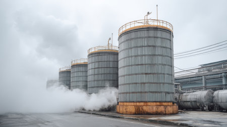 A view of industrial storage tanks surrounded by steam and a cloudy sky, highlighting the manufacturing and energy production process in a refinery setting.の素材